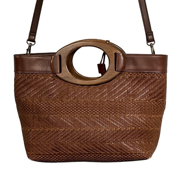 Vintage Fossil Shoulder Bag Wood Handle Rattan Brown Woven Wicker Dbl Handle - Picture 4 of 13